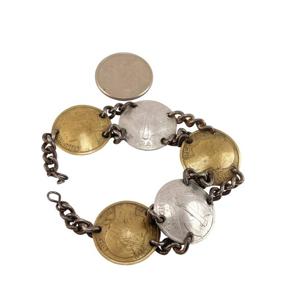 WWII Sweetheart Bracelet French Coin Bracelet With Brass Silver Coins Chain Link - Picture 6 of 7
